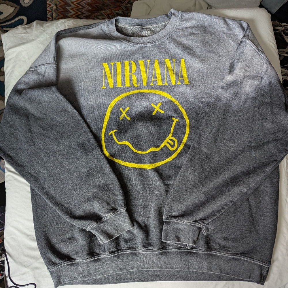 Vintage Nirvana Gray Sweater with Yellow Smiley Logo Size S/M